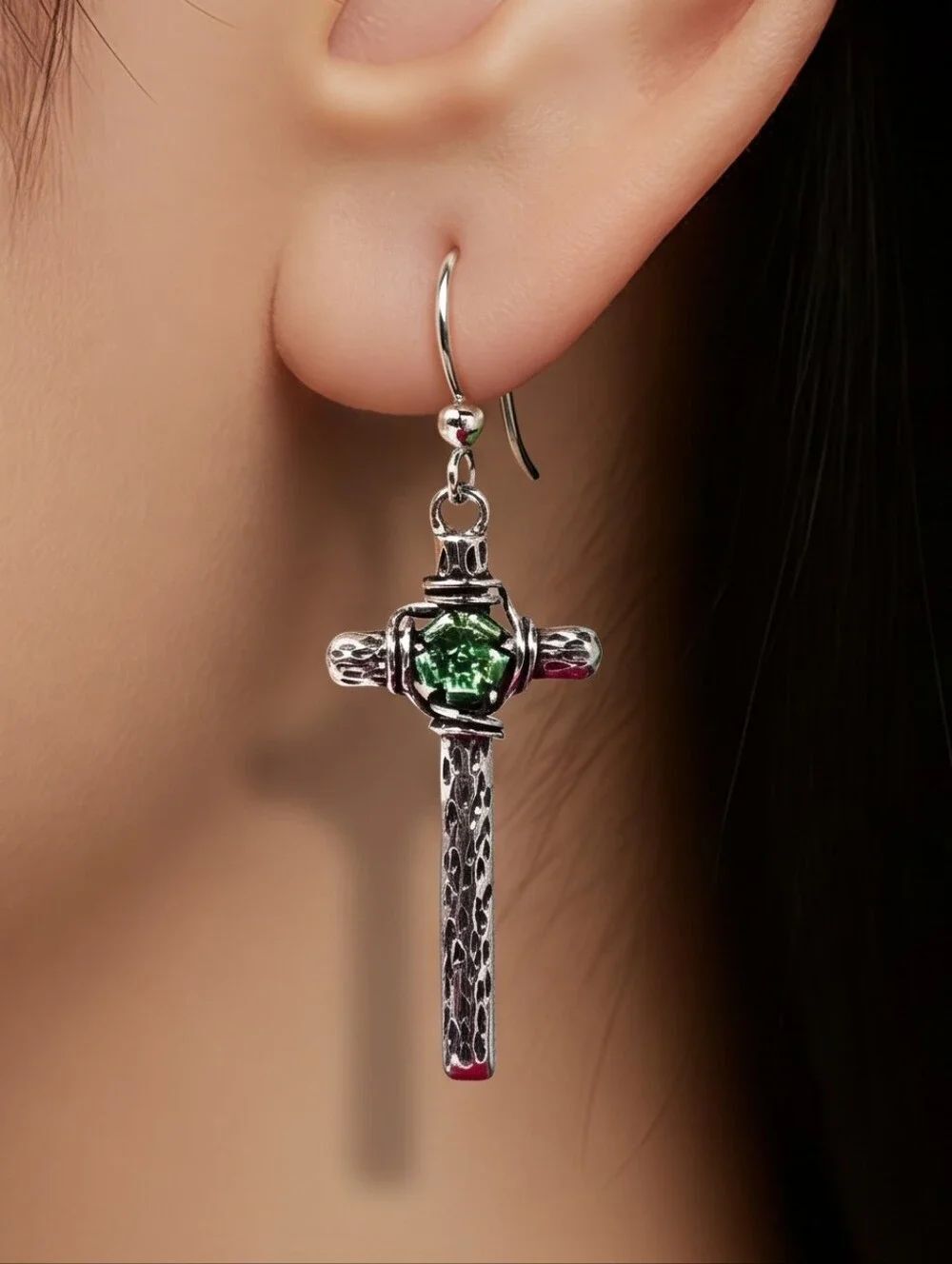 Silver Floral Cross Dangle Earrings Green Rose Antique Faith Boutique Gift